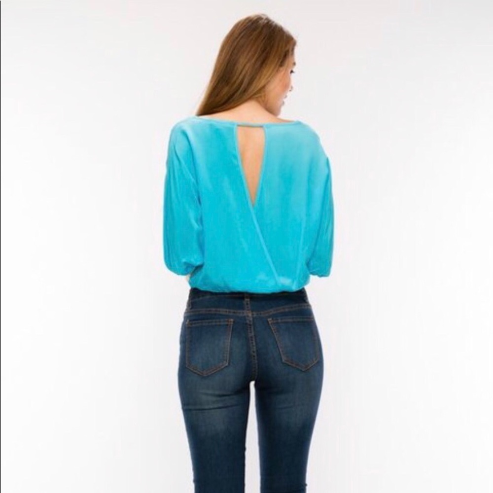Blue Solid Silk Open Back Crop Top